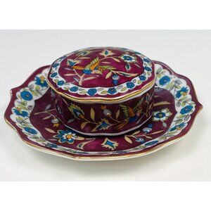 VTG SILK ROAD by Takahashi Plum Handpainted Ceramic TRINKET BOX & TRAY Bird EUC